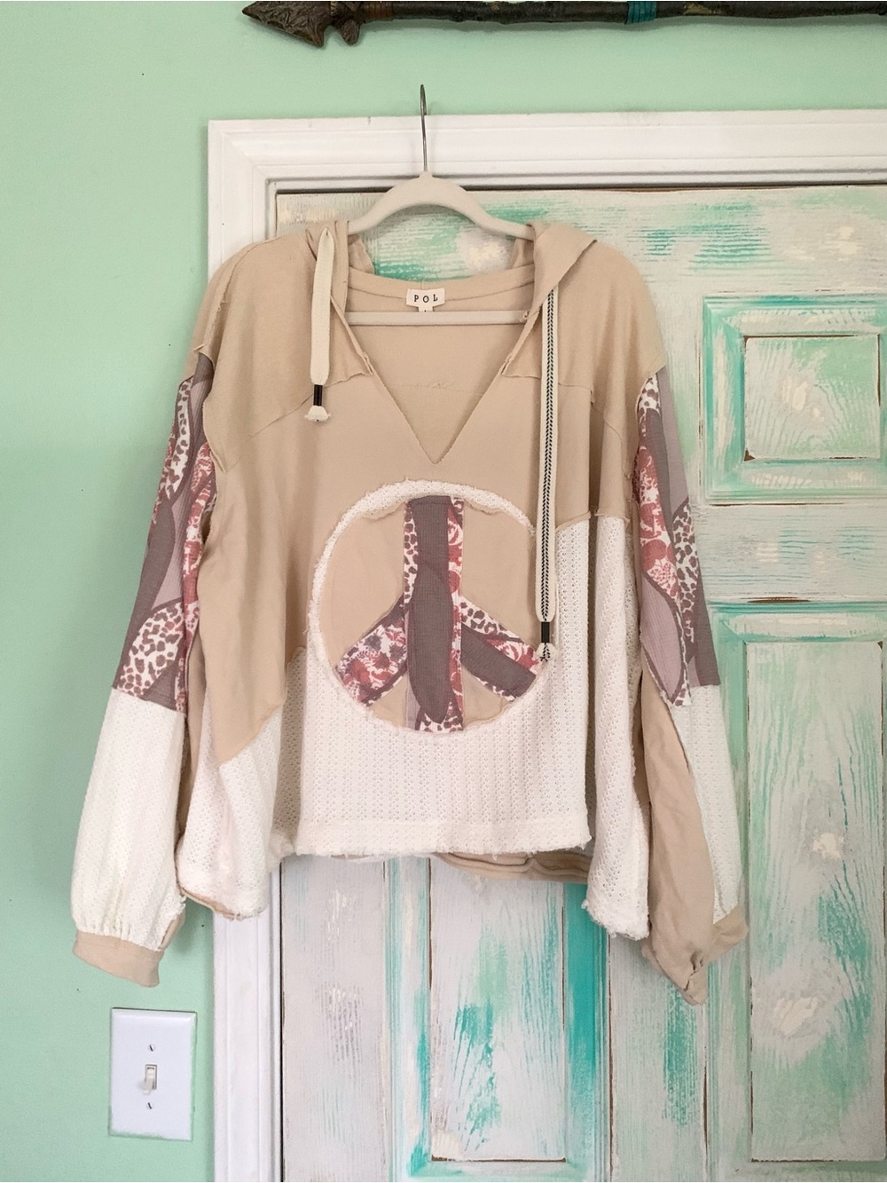 POL Cream/Off White Peace Sign Patchwork Pullover Hoodie Sweater